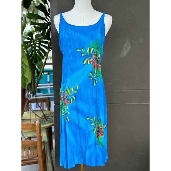 Vintage Tropical Batik Women’s OS Blue Green Embroidered Floral Hawaiian Dress - Picture 1 of 8